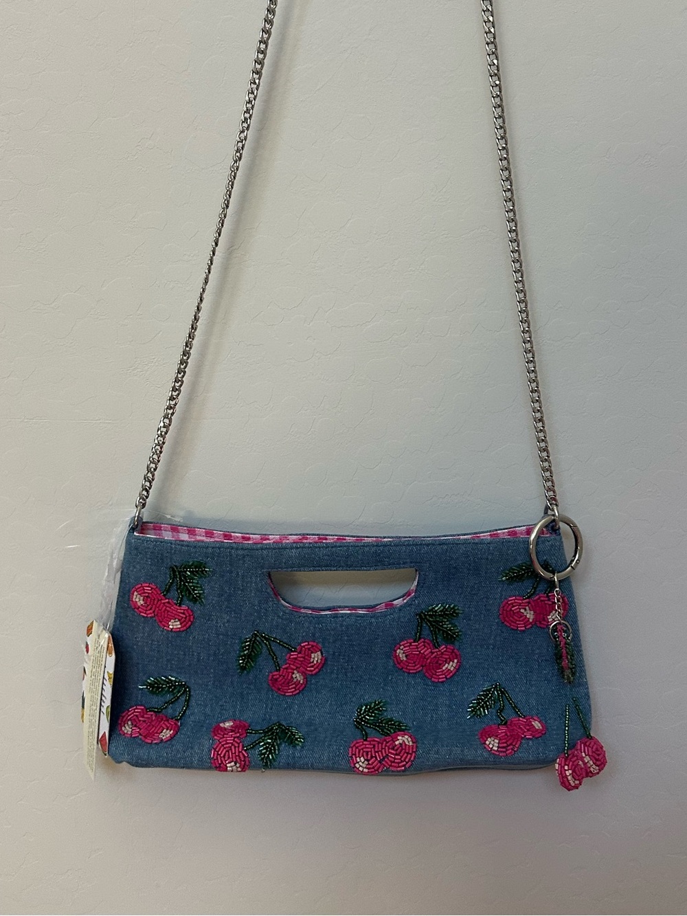 NWT Handcrafted in India Denim Beaded Cherry Crossbody Clutch Bag